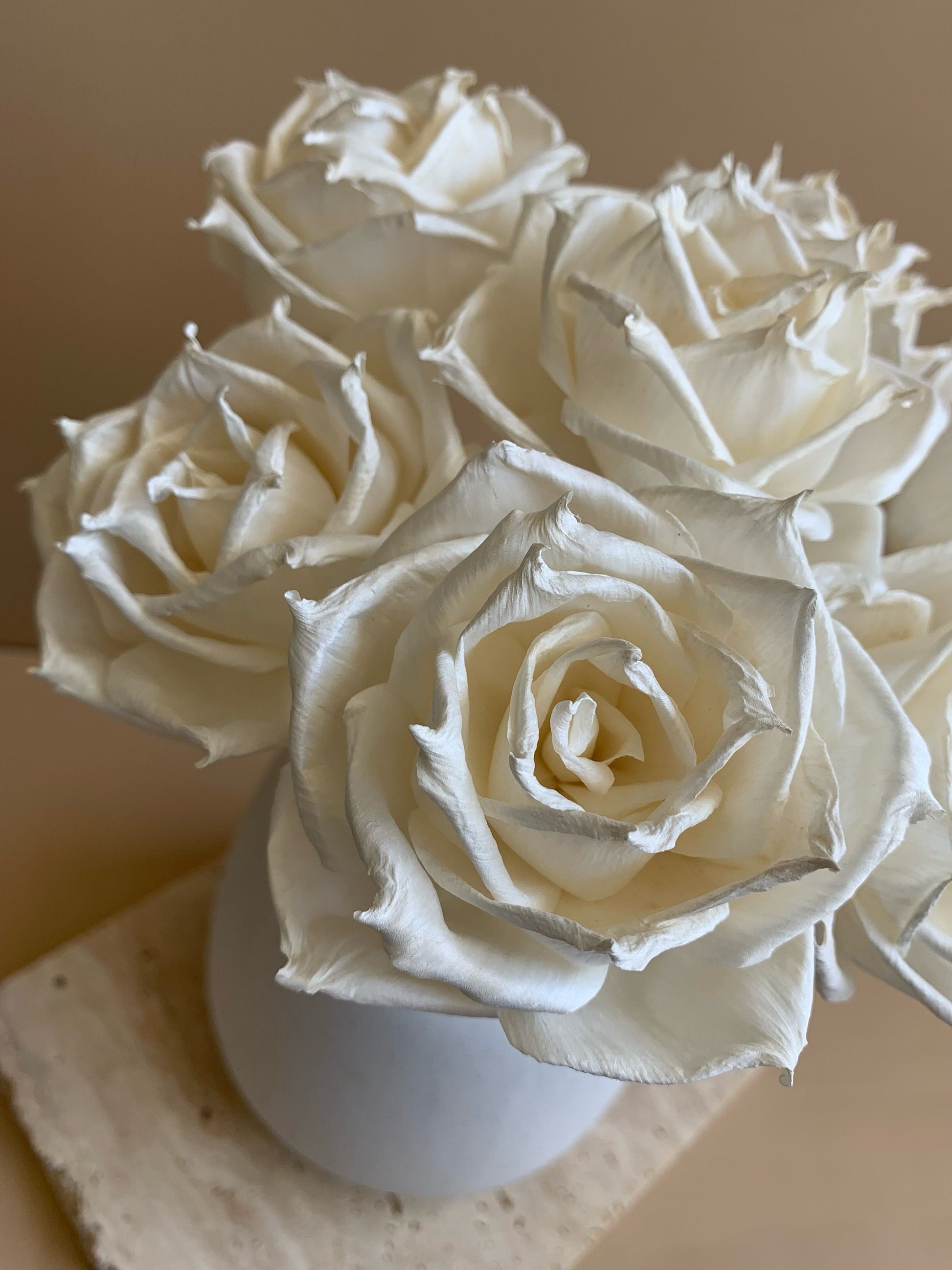 top view white rose grouping white vase